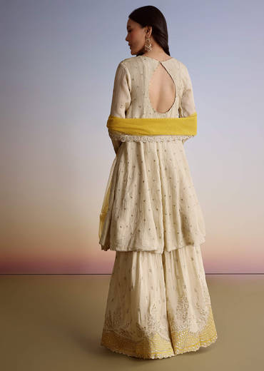 Cream Crush Tissue Sharara Suit With Zari Sequins Work