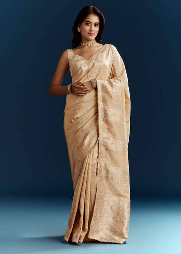 Cream Dola Silk Brocade Saree With Gota Patti Work