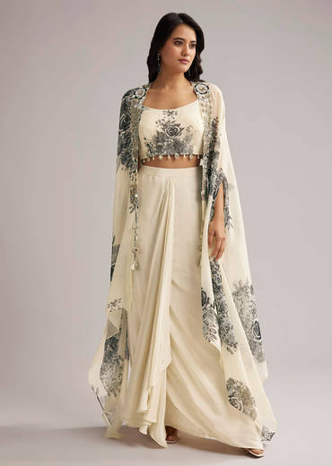 Cream Floral Cape Set With Crop Top And Skirt