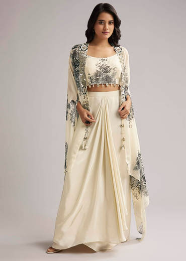 Cream Floral Cape Set With Crop Top And Skirt