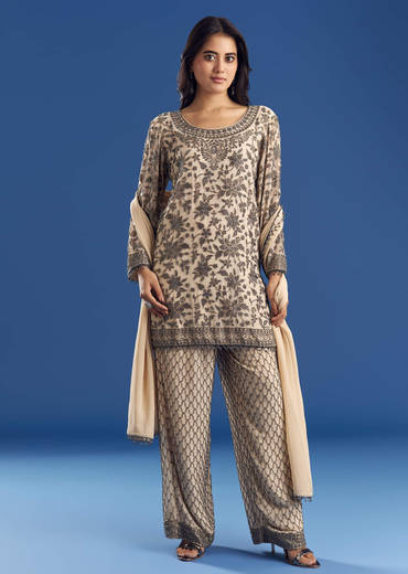 Cream Georgette Fully Beaded Kurta Pant Set With Dupatta