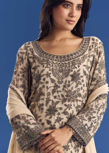 Cream Georgette Fully Beaded Kurta Pant Set With Dupatta