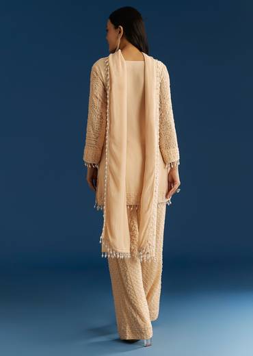 Cream Georgette Kurta Pant Set With Beaded Dupatta
