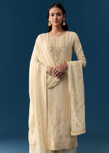 Cream Georgette Kurta Set With Zardosi Work