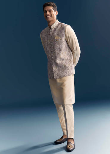 Cream Jacquard Kurta Jacket Set For Men With Printed Jacket