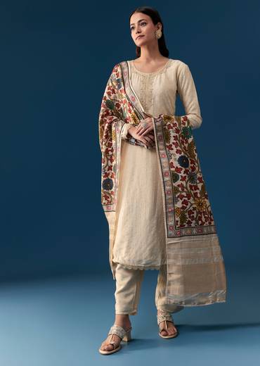 Cream Kurta Set With Resham And Moti Work