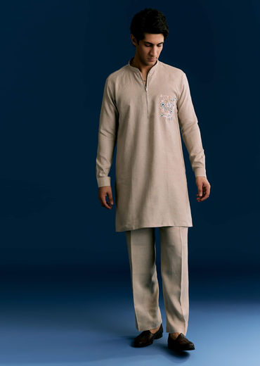 Cream Linen Kurta Set With Embroidery
