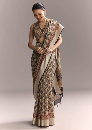 Cream Linen Saree With Black Hand Block Ajrakh Print