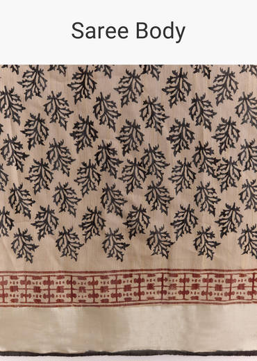 Cream Linen Saree With Black Hand Block Ajrakh Print