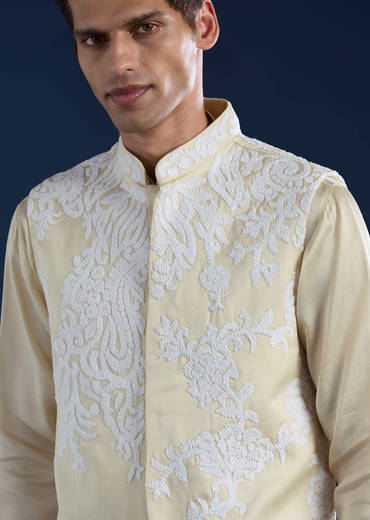 Cream Linen Satin Jacket Kurta Set with Dori Work