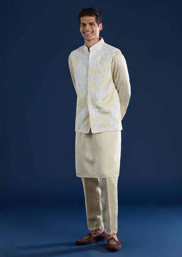 Cream Linen Satin Jacket Kurta Set with Dori Work