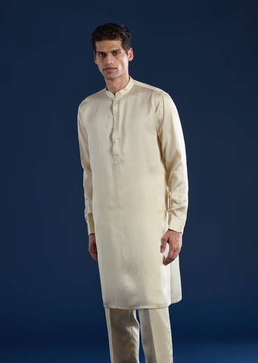 Cream Linen Satin Jacket Kurta Set with Dori Work