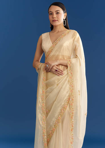 Cream Organza Tissue Saree With Subtle Beaded Border