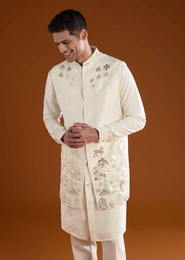 Cream Patchwork Jacket and Kurta Set in Silk