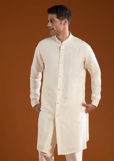 Cream Patchwork Jacket and Kurta Set in Silk