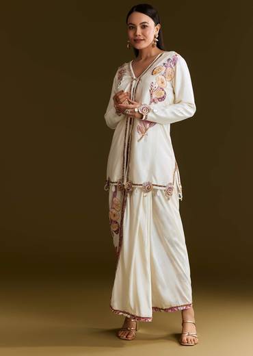 Cream Printed Croptop Set With Gotta Work Jacket And Dhoti Skirt