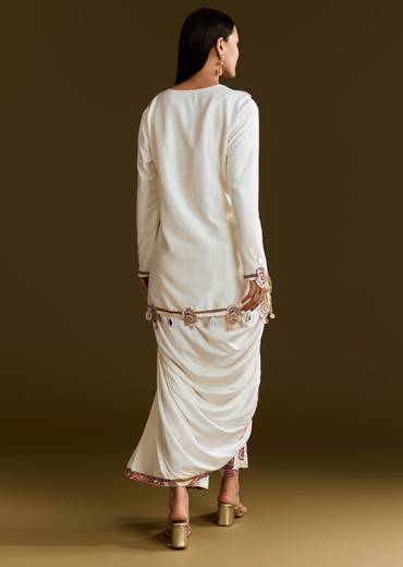 Cream Printed Croptop Set With Gotta Work Jacket And Dhoti Skirt