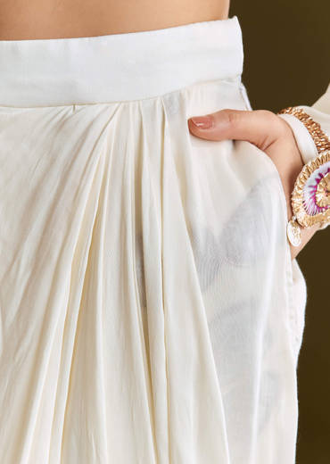 Cream Printed Croptop Set With Gotta Work Jacket And Dhoti Skirt