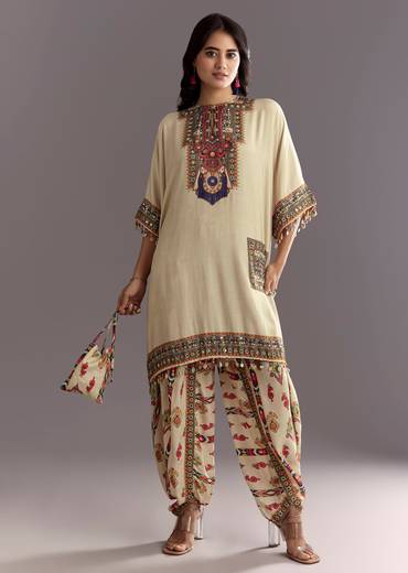 Cream Printed Muslin Kurta And Dhoti