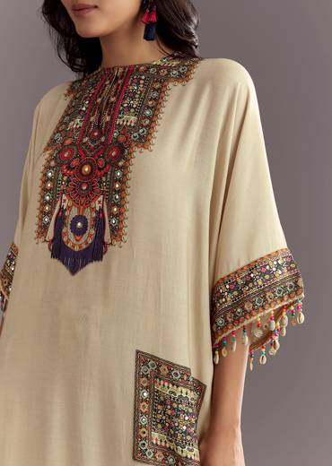Cream Printed Muslin Kurta And Dhoti