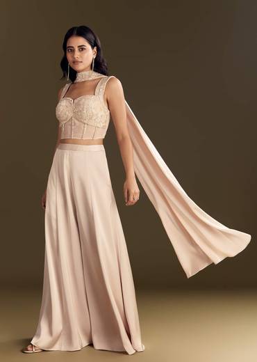 Cream Satin Bustier Palazzo Suit With Choker Dupatta