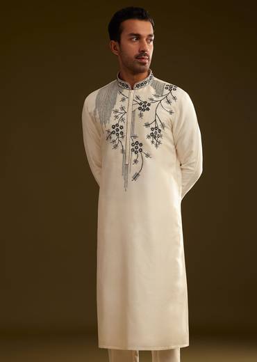 Cream Silk Kurta Set With Monochromatic Floral Embroidery