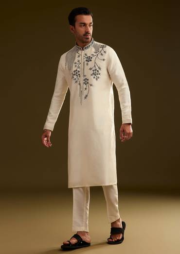 Cream Silk Kurta Set With Monochromatic Floral Embroidery