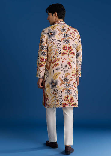 Cream Silk Floral Resham Threadwork Kurta Jacket Set