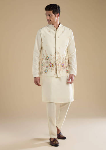 Cream Silk Jacket Kurta Set with Resham Work