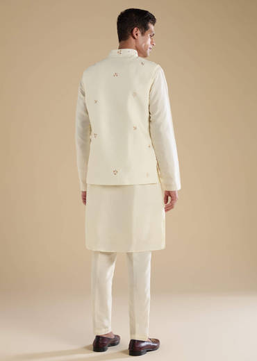 Cream Silk Jacket Kurta Set with Resham Work