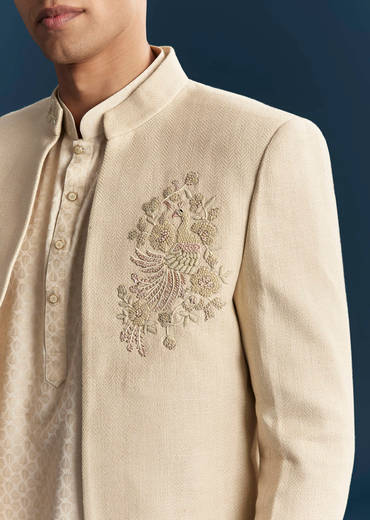 Cream Silk Kurta Jacket Set For Men With Dense Embroidery