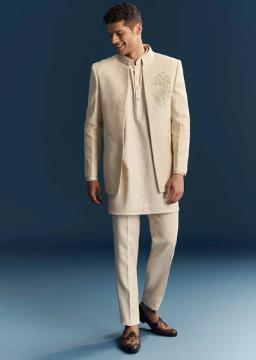 Cream Silk Kurta Jacket Set For Men With Dense Embroidery