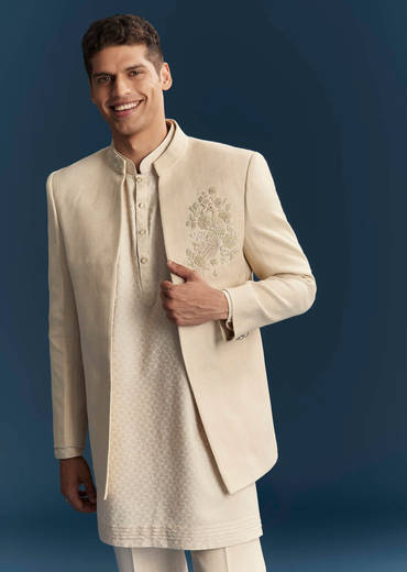 Cream Silk Kurta Jacket Set For Men With Dense Embroidery
