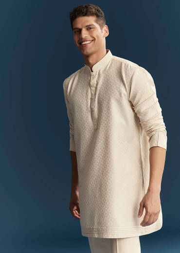 Cream Silk Kurta Jacket Set For Men With Dense Embroidery