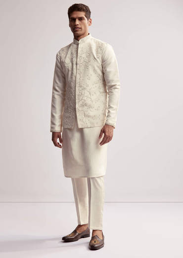 Cream Silk Kurta Jacket Set For Men With Floral Hand Embroidery