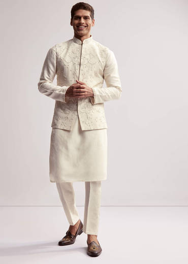 Cream Silk Kurta Jacket Set For Men With Floral Hand Embroidery