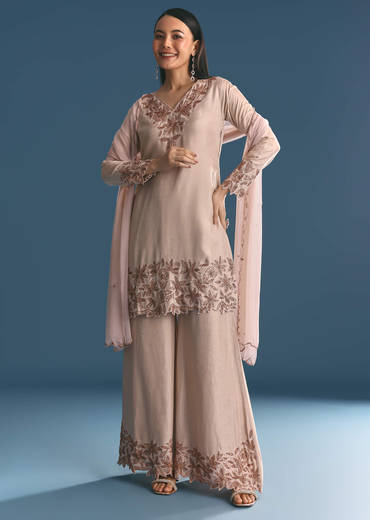 Cream Silk Kurta Palazzo Set With Cut Dana Work