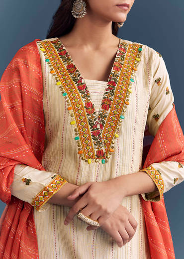 Cream Silk Kurta Set With Delicate Resham Work