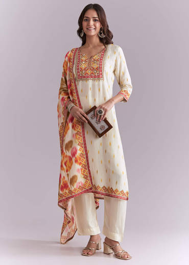 Cream Silk Kurta Set With Ikat Style Print