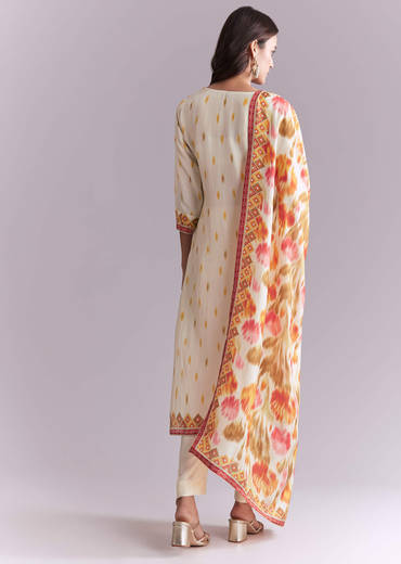 Cream Silk Kurta Set With Ikat Style Print