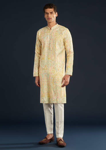 Cream Silk Mens Kurta Set with Thread Embroidery