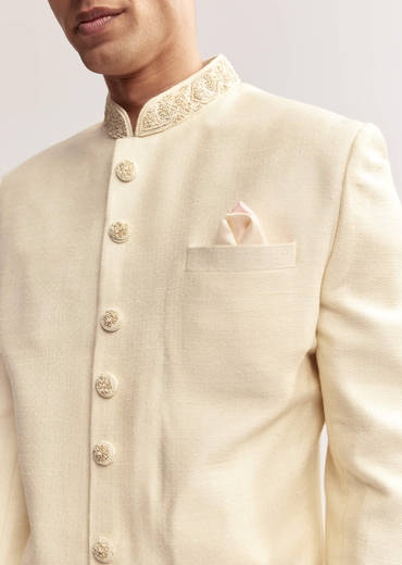Cream Silk Sherwani For Men With Hand Embroidery