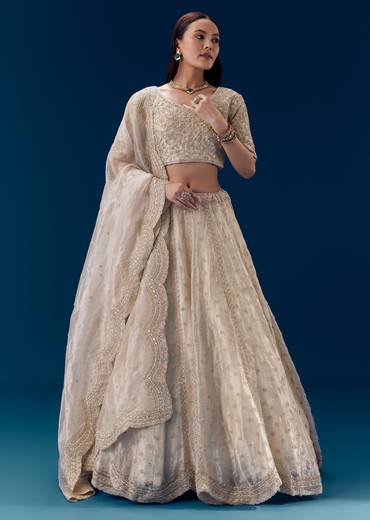 Cream Thread Embroidered Bridal Lehenga Set