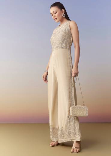 Cream Tissue Embellished Jumpsuit