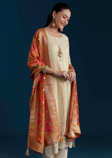 Cream Tissue Kurta Set with Bead Work