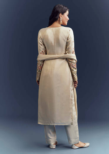 Cream Tissue Kurta Set With Resham And Zardosi Work
