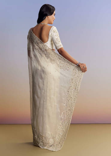 Cream Tissue Saree With Sequins Floral Embroidery