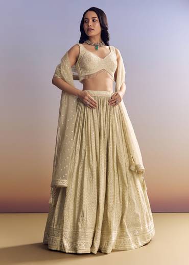 Cream White Banarasi Lehenga Set With Cut Dana Choli