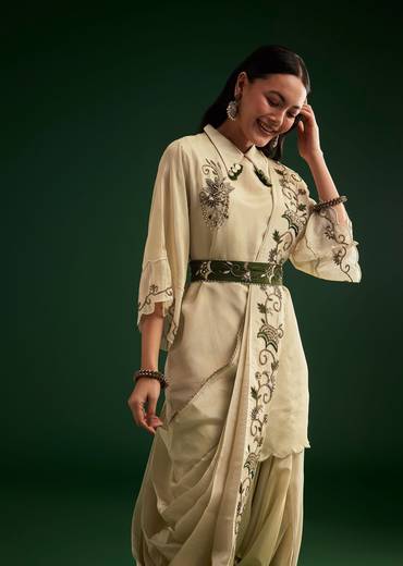 Cream White Tissue Kurta Dhoti With Dupatta And Belt