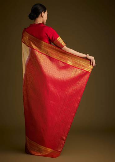 Beige Kanjivaram Silk Saree With Contrast Border